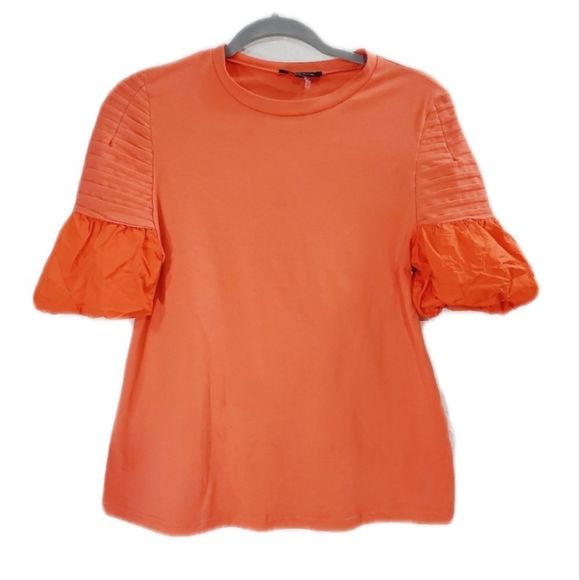Gracia ballon puff short sleeve round neck orange top size small - Picture 1 of 9